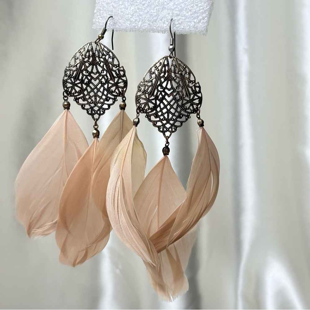 Beige Feather Statement Earrings- Boho/Festival/C… - image 1